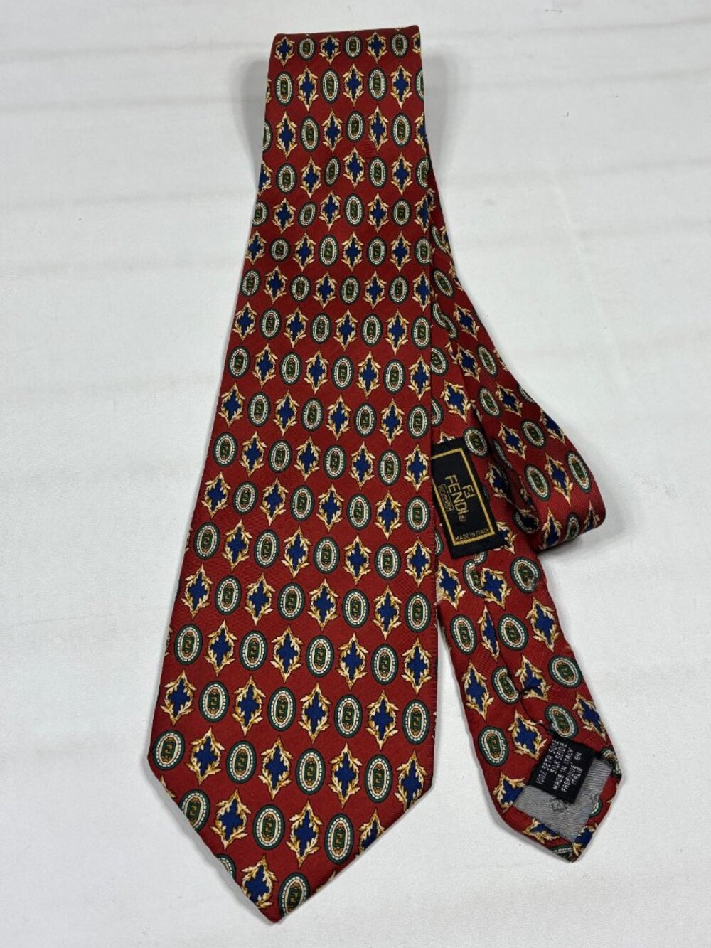 VTG Fendi Silk Tie Red Gold Geometric Zucca FF AS-IS Damaged Repair Prop 90s